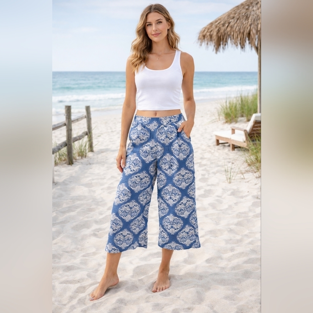 NWT Rachel Zoe 100% linen resort wear pull on wide leg pants beachy coastal XL